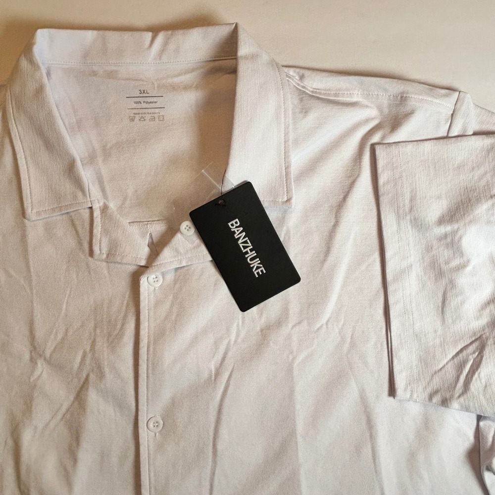 BANZHUKE 3XL White Short Sleeve Button Down Shirt 100% Polyester Collared NWT